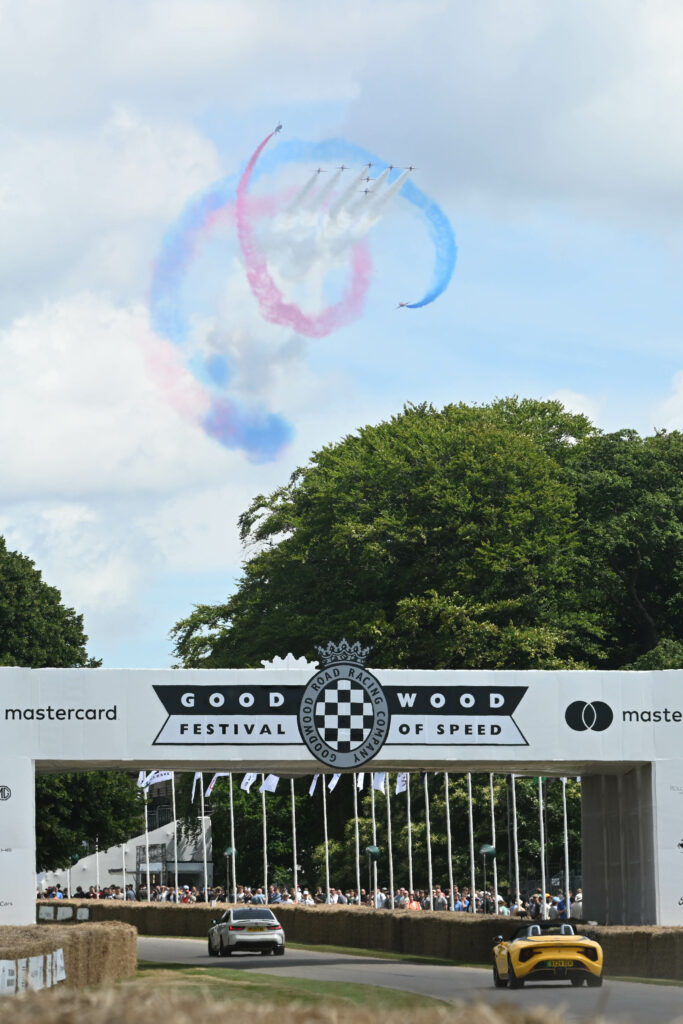 The Red Arrows fly over The Goodwood Festival of Speed presented by Mastercard, which takes place in the parkland surrounding Goodwood House in West Sussex. Picture date: Thursday July 11, 2024. PA Photo. The event champions future mobility and technology and this year celebrates 130 years of motoring innovation with the theme 'Horseless to Hybrid – Revolutions in Power'. The event runs from July 11-14. Picture credit should read: John Nguyen/PA Media Assignments.</em>